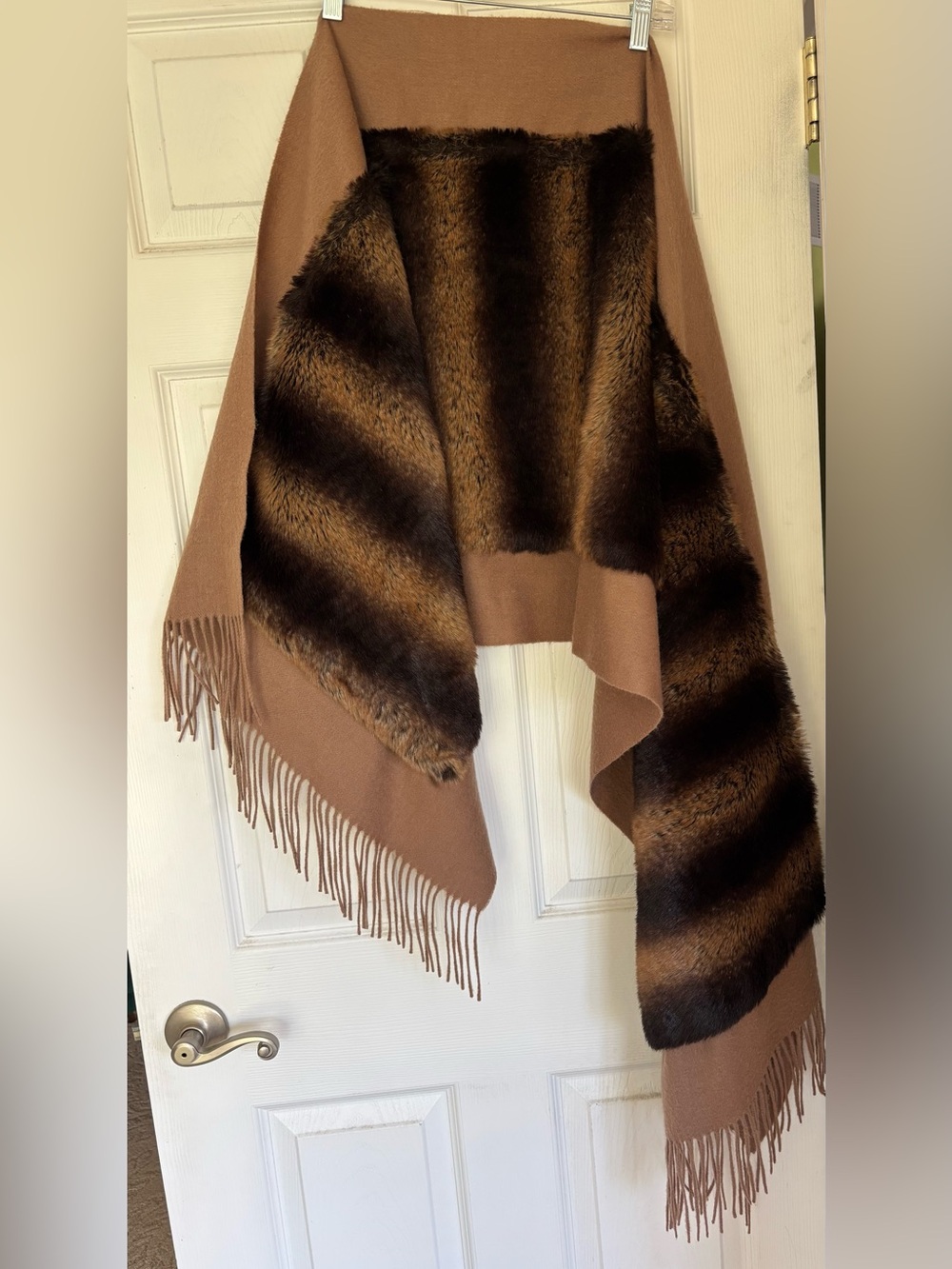 Brown Faux Fur Trimmed Fringe Wrap Shawl